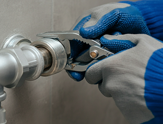 Manos con guantes ajustando una conexión de tubería con una llave.