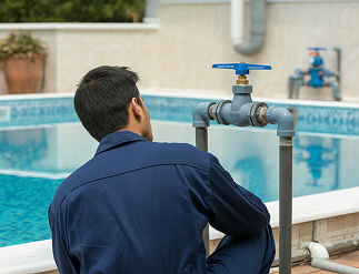 Hombre con camiseta blanca y overol revisando o ajustando un sistema de plomería en una pared.