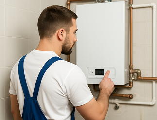 Persona revisando o reparando las tuberías de una piscina o spa exterior.