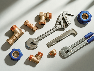 Conjunto de accesorios y herramientas para fontanería, incluyendo codos, válvulas, llaves y cinta de teflón.